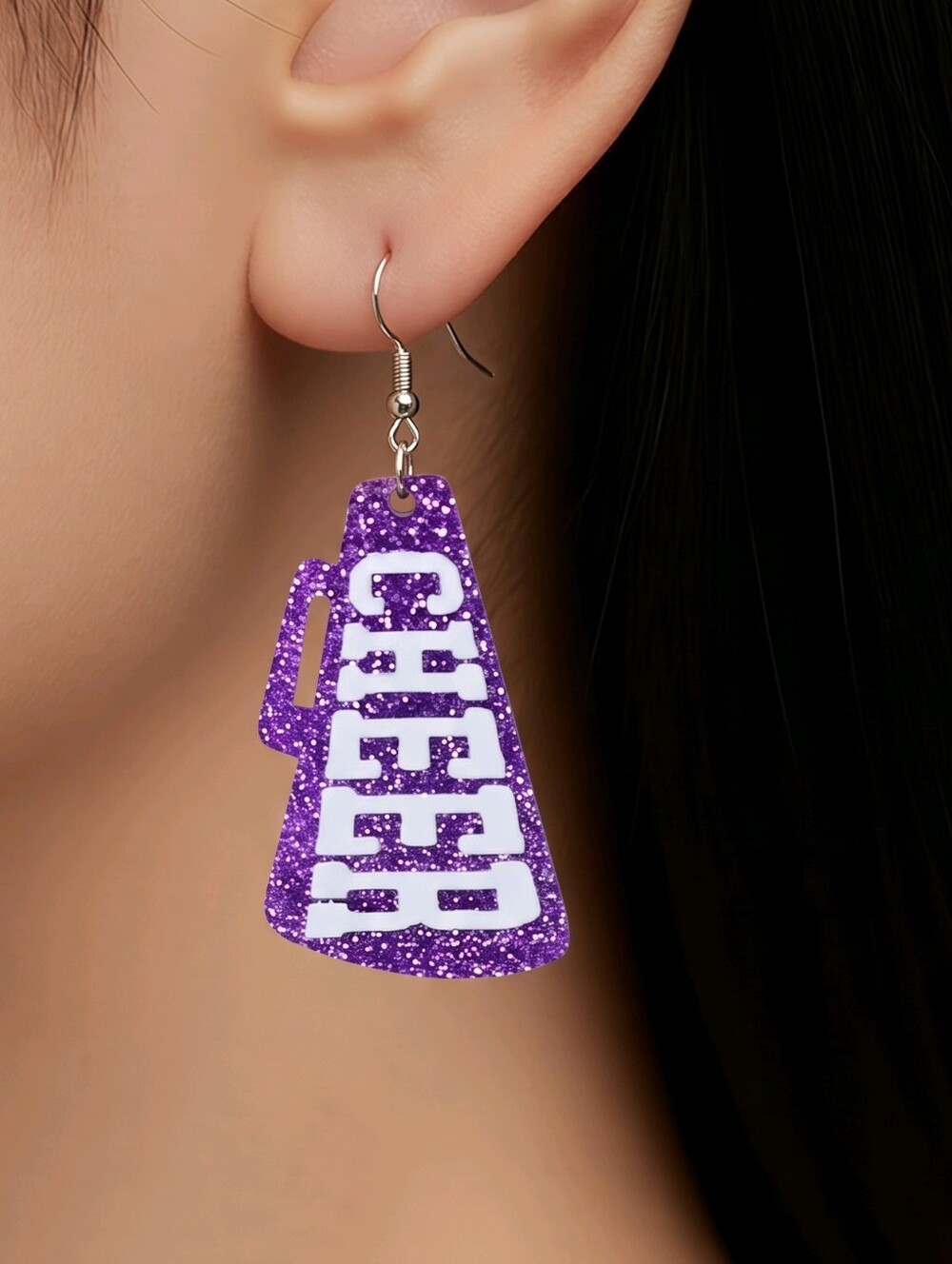 Purple Glitter Cheer Megaphone Earrings School Spirit Cheerleader Sporty Dangles